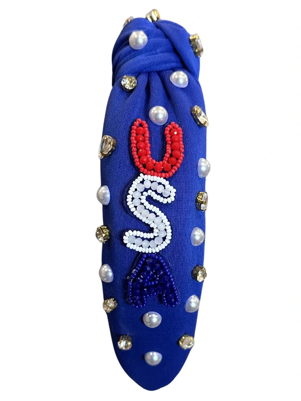 Patriotic Beaded Knot Headbands Set of Two Red White Blue Gold USA America Stars